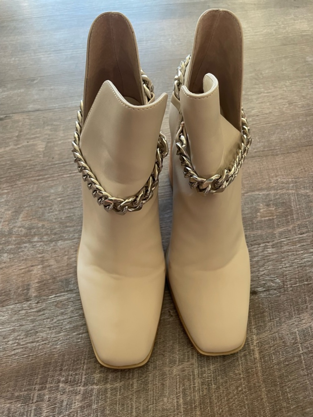 Steve Madden Cream Chain Accent Block Heel Booties - Picture 4 of 10